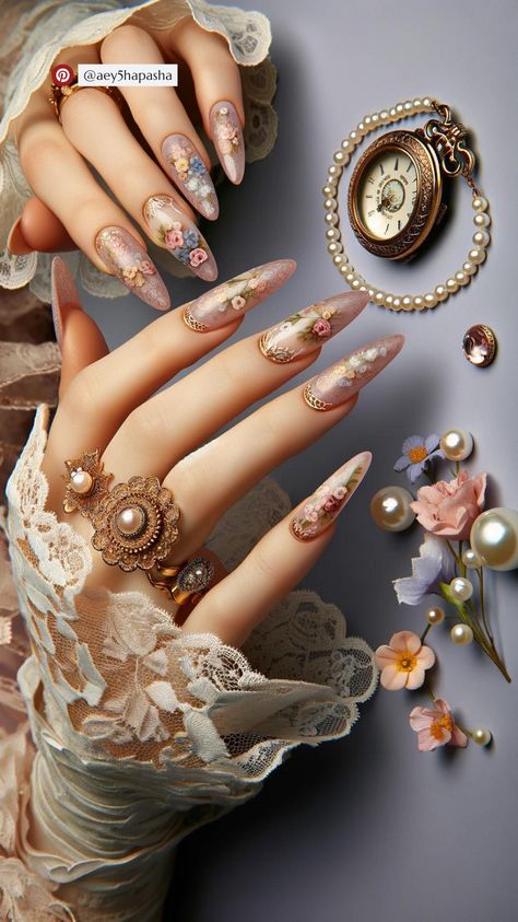 Bridgerton Nails Design, Marie Antoinette Nails, Bridgerton Nails Inspired, Rococo Nails, Victorian Nails, Bridgerton Nails, Fierce Nails, Ideas Uñas, Trend Nails