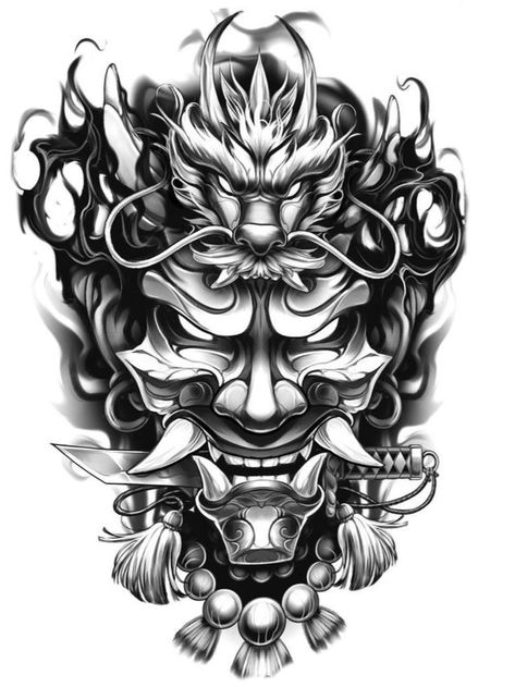 Oni Mask And Dragon Tattoo, Hanya Mask Hand Tattoo, Oni Tattoo Design, Samurai Mask Tattoo, Oni Maske, Mascara Oni, Samurai Tattoo Sleeve, Oni Tattoo, Chicano Tattoos Sleeve