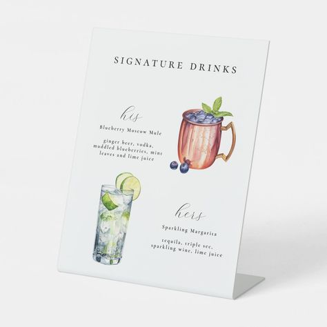 Signature Drinks Wedding Bar Pedestal Sign. Features, sparkling margarita and blueberry mule. Blueberry Mule, Signature Drinks Wedding, Sparkling Margarita, Wedding Pedestal, Drinks Wedding, Wedding Signature Drinks, Wedding Drink, Triple Sec, Signature Drinks