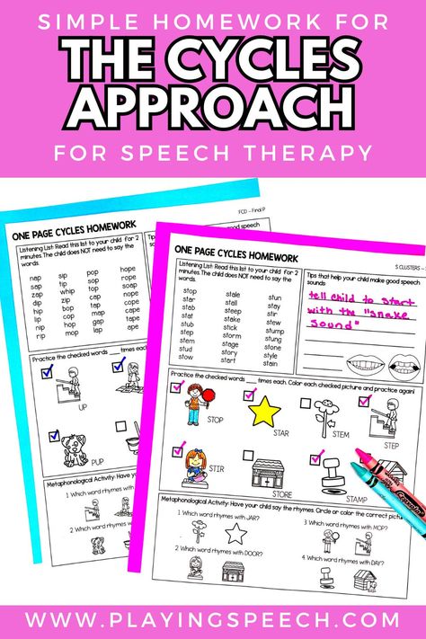 Welcome to an insightful guide into the world of the Cycles Approach. Learn how different activities like auditory bombardment, phonological awareness, and practice words can be used at home to enhance speech therapy effectiveness. It's not just about assigning homework, it's about making it count. Speech Sound Development Chart, Speech Language Pathology Grad School, Speech Therapy Activities Articulation, Speech Therapy Data Collection, Therapy Homework, Speech Therapy Worksheets, Speech Therapy Crafts, Childhood Apraxia Of Speech, Early Intervention Speech Therapy