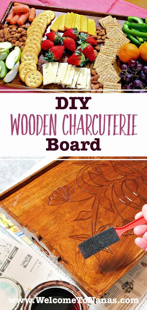 Cheese Board Diy, Wooden Charcuterie Board, Charcuterie Board Diy, Diy Playbook, Wooden Food, Diy Tray, Woodburning Projects, Tray Diy, Garden Crafts Diy