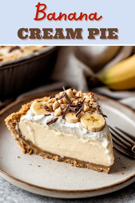 This rich and creamy banana cream pie features homemade banana-infused pudding and a billowy layer of sweet whipped cream. It's almost too good to share! Banana Bread Pie, Best Banana Pie Recipe, Banana Creme Pie Recipe, Jello Banana Cream Pie Recipe, Cream Pie Filling Recipes, Banana Pie Recipe Easy, Easy Thanksgiving Pies Recipes, Banana Cream Pie Recipes, Keto Banana Cream Pie