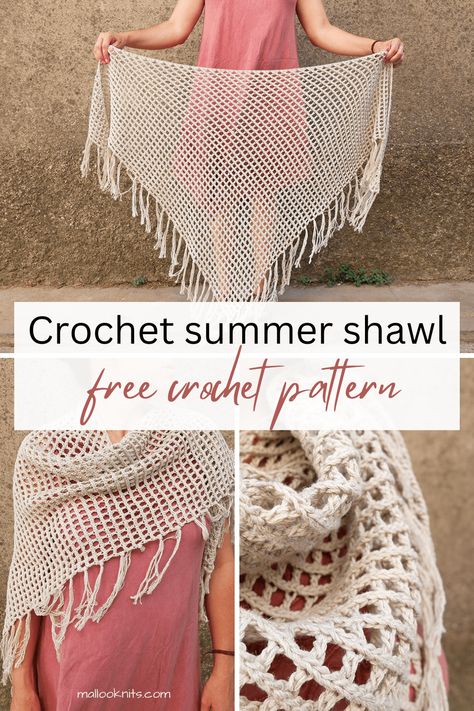 Crochet Summer Shawl pattern – The Barley Seed - mallooknits.com Lacy Crochet, Summer Shawl, Summer Wraps, Crochet Market Bag, Triangle Shawls, Easy Stitch, Shawl Patterns, Crochet Summer, Wrap Pattern