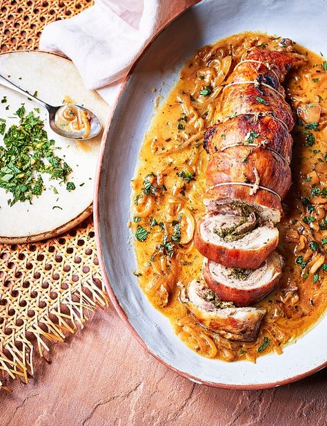 Roll this great-value cut of lamb with mustard and herbs then bake until soft and tender so it falls apart into the white wine onion gravy Lamb Breast Recipe, Best Lamb Recipes, Slow Roast Lamb, Slow Cooked Lamb, Lamb Dishes, Good Roasts, Lamb Roast, Slow Roast, Sunday Roast