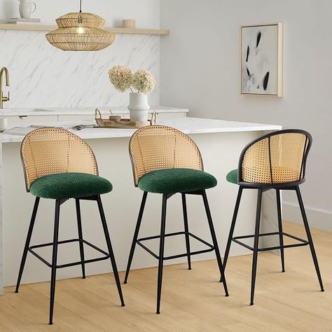 Amazon.com - Bekrvio Swivel Counter Height Bar Stools Set of 3, Mid Century Modern 26" Bar Chairs with Rattan Back & Metal Legs, Upholstered Faux Leather Barstools Island Stools for Kitchen Counter Home Bar,Black - Chairs Green Bar Stools, Mid Century Modern Bar, Island Stools, Rattan Bar Stools, Stools For Kitchen Island, Mid Modern, Counter Bar, Modern Stools, Bar Height Stools