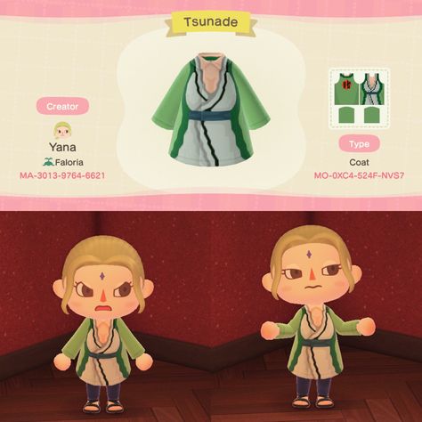 Acnh Anime, Design Animal Crossing, Outfits Punk, Acnh Outfits, Naruto Clothing, Lady Tsunade, Japanese Animals, Anime Outfit, Animal Crossing Qr Codes Clothes