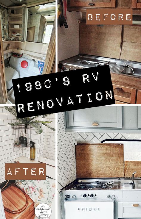 Look inside our 1980's RV renovation and what it looked like before and after. 1980 Camper Remodel, Small Camper Remodel Before And After, Vintage Rv Remodel Before After, Toyota Rv Remodel, Toyota Motorhome Remodel, Small Rv Renovation Ideas, Rv Before And After, Caravan Makeover Before After, Class C Rv Remodel Before And After