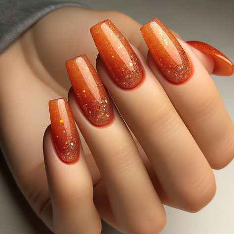 Close-up of glittery pumpkin orange nails showcasing a sparkling fall manicure. Sparkly Orange Nails, Orange Holiday Nails, Orange Nails For Fall, Pumpkin Orange Nails, Glittery Pumpkins, Nails For Fall, Snowflake Nails, Orange Nails, Color Crush