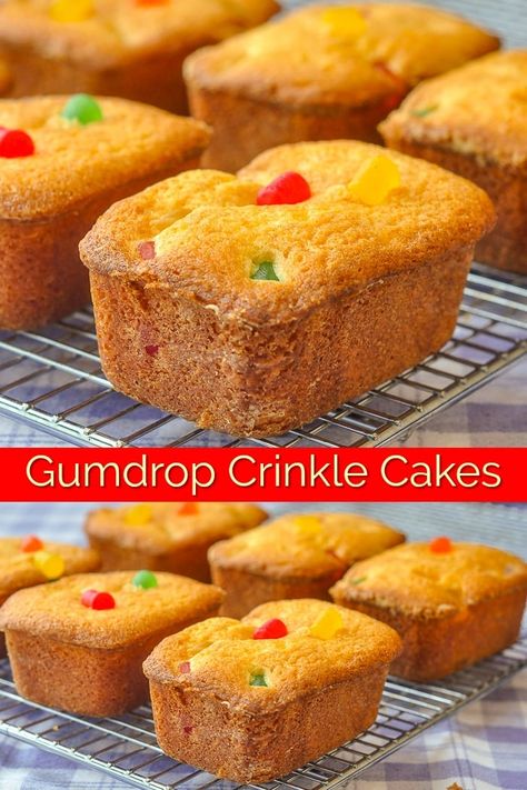 These gumdrop crinkle cakes are a memory from childhood and make an ideal lunchbox treat or after school snack. #afterschoolsnacks, #teatime #coffeebreak #lunchboxtreats #lunchbox Crinkle Cakes, Gum Drop Cake, Bread Loaves, Gum Drop, Delish Desserts, Loaf Cakes, Cake Mug, Lunchbox Treats, Rock Recipes