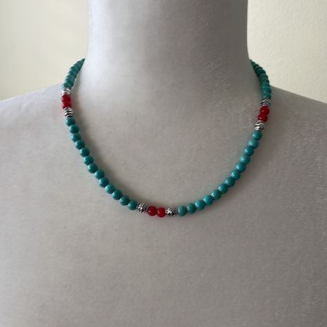 Handmade Necklace Is Made With Turquoise Colored Magnesite, Red Coral And Silver Plated Beads Approximately 18” 6mm Turquoise Colored Magnesite 5mm Red Coral Decorative Silver Plated Barrel Beads Silver Plated Lobster Clasp And Findings Handcrafted By Me Gift Boxed, Ready To Wrap I Always Ship Same Day Or Next Business Day Custom Orders Are Always Welcome Any Questions Please Ask! Women’s Jewelry Women’s Necklaces Choker Bohemian Hippie Earthy Gypsy Boho Southwestern Native American Tribal Coast Turquoise Jewelry Necklace, Jewelry Pictures, Turquoise Necklaces, Handmade Statement Necklace, Necklaces Choker, Red Beaded Necklaces, Hematite Necklace, Native Design, Turquoise Bead Necklaces