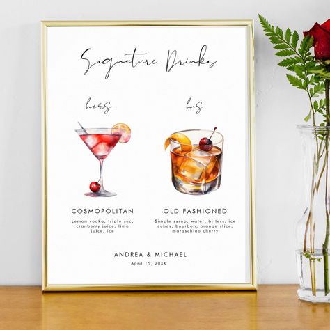 Drinks Bar Wedding, Menu Minimalist, Bar Wedding Sign, Drink Wedding, Signature Wedding Drinks Sign, Wedding Drink Sign, Wedding Drink Menu, Lemon Vodka, Drinks Sign