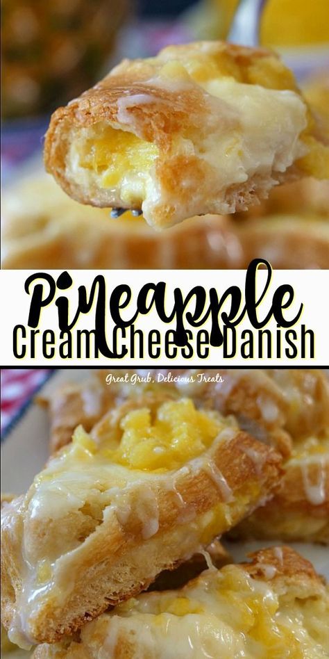 This Pineapple Cream Cheese Danish is a delicious danish recipe loaded with fresh pineapple and a delicious cream cheese filling. #dessertfoodrecipes #desserts #delicious #pineapple #crescents #greatgrubdelicioustreats Pineapple Cream Cheese Muffins, Pineapple Puff Pastry Recipes, Pineapple Cream Cheese Bread, Pineapple Danish, Pineapple Rolls, Fresh Pineapple Recipes, Dessert Pineapple, Pineapple Pastry, Pineapple Cream Cheese