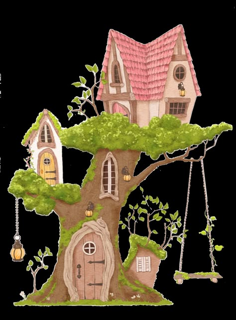 Fairy House Drawing, Tree House Drawing, Woodland Fairies, Original Flowers, Woodland Clipart, Fairy Tree Houses, Printable Nursery Wall Art, 동화 삽화, Nursery Art Girl