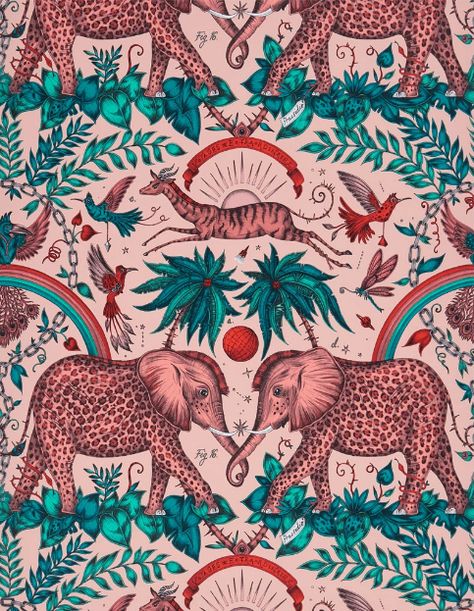 Emma J Shipley Wild creature pink wallpaper  Zambezi, £55 per roll. Pink Elephant Wallpaper, African Magic, Fantasy Jungle, Emma J Shipley, Elephant Wallpaper, Pink And Purple Wallpaper, Adventure Stories, Navy Wallpaper, Curious Creatures