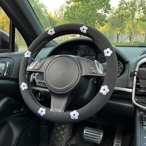 Black And White Car Decor, Cute Steering Wheel Covers, Flower Steering Wheel Cover, Cute Steering Wheel, White Car, Black Wheels, Steering Wheel Cover, Cute Cars, Wheel Cover