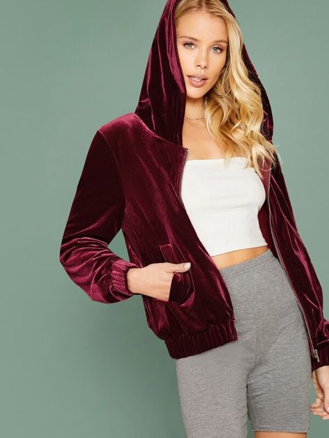 Zip Up Hooded Velvet Jacket | SHEIN USA Velvet Jacket Women, Leather Peplum, Velvet Hoodie, Velour Hoodie, Peplum Jacket, Mesh Sleeves, Belted Coat, Velvet Jacket, Shein Style