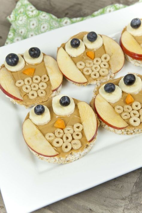 Owl Snacks, Rice Cakes Healthy, Fun Food For Kids, Fest Mad, Kreative Snacks, Food For Kids, Food Art For Kids, Fun Snacks For Kids, God Mat