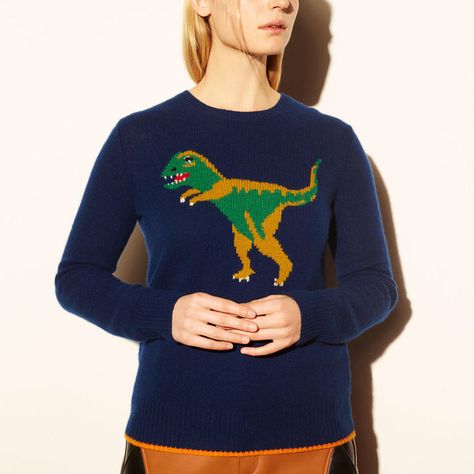 COACH Coach 1941 Dinosaur Motif Crewneck Sweater Coach Dinosaur, Dinosaur Sweater, Coach 1941, Fall Wardrobe, Crewneck Sweater, Blue Sweaters, T Rex, Designer Outfits Woman, Cashmere Sweaters