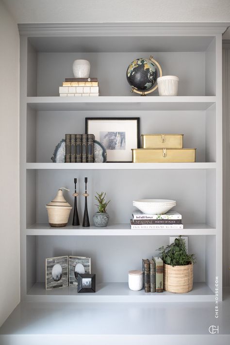 Light Grey Bookshelves, Dressing Shelves Living Room, Track Home Remodel, Dressing Shelves, Cher House, Bookshelf Styling Living Room, Grey Bookshelves, Shelf Decorating, Shelf Designs