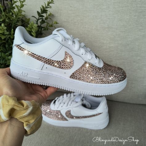 Bling Nike Air Force 1 07 Shoes Customized With Vintage Pink Swarovski Crystals, Bling Nike Shoes Color Of Shoe: Pure White I Use Vintage Pink Swarovski Crystal Stones On The Nike Swoosh And Toe Area ( As Shown In Picture)~ Want A Different Color Crystal? Message Me For Details- True To Size- My Shoes I Sell Are 100% Authentic From Nike Or Authorized Retail Sellers. Shoes Are Made To Order & Are Not Returnable. So Please Make Sure You Order The Correct Size. If Unsure, Try Shoe On In Store Befor Bling Nike Shoes, Shoes Customized, Bedazzled Shoes, Custom Bling, White Shoes Sneakers, Bling Shoes, Rhinestone Shoes, Nike Air Force 1 07, White Sneakers Women