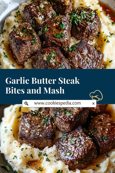 This Garlic Butter Steak Bites and Mash recipe is the ultimate cozy meal! Tender sirloin steak bites are tossed in a rich garlic butter sauce and served over creamy mashed potatoes. Perfect for family dinners, gatherings, or a quick yet indulgent meal. This easy recipe combines flavorful steak bites with a buttery mash, making it an instant favorite for any occasion! Sirloin Steak Bites, Sirloin Tip Steak, Steak And Mashed Potatoes, Easy Garlic Butter, Sirloin Steak Recipes, Garlic Butter Steak Bites, Butter Steak Bites, Garlic Beef, Garlic Steak