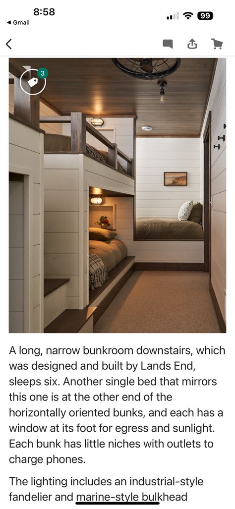 Like each bunk light, phone charging nook and built in bunks (save room?) Bunk Room With Privacy, Alcove Bunk Beds Built Ins, Beach House Bunk Beds Built Ins, Bunk Rooms For Adults, Beach House Bunk Beds, House Bunk Bed, Built In Bunks, Bunk Beds With Stairs, Save Room