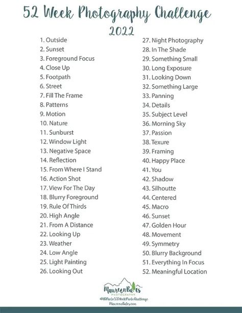 52 Week Photo Challenge 2022 - Join along the creative photo challenge and improve you photography!! 52 Week Photography Challenge, January Photo Challenge, Photography Challenge Beginners, Photography Challenges, Photography List, 52 Week Challenge, Photo Checklist, Moms Photography, Photo Challenges