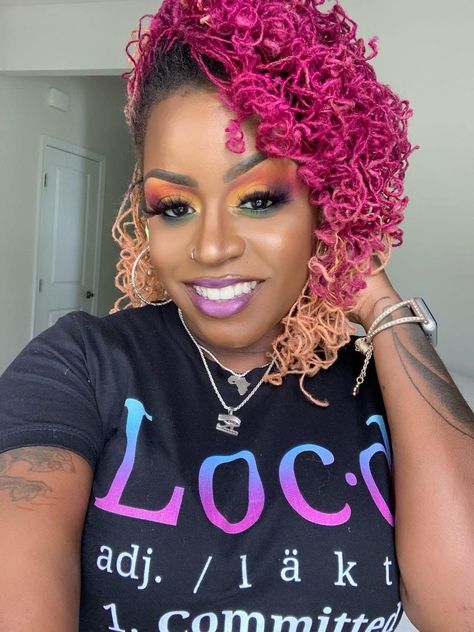 Pink And Blonde Locs Black Women, Pink Sisterlocks, Colored Sisterlocks Black Women, Pink Hair On Dark Skin, Rainbow Locs, Colored Sisterlocks, Pink And Purple Locs Black Women, Locs Pink, Pink Dreads Black Women