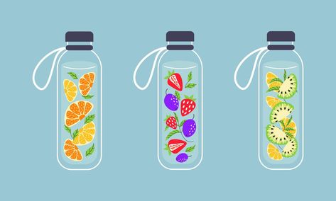 Fruit, berries infused water in glass reusable bottles. Detox, refreshment drink healthy water in jar. Cooling beverages, summer drinks. Sustainable lifestyle. Modern zero waste flat illustration. Water In Glass, Drink Healthy, Caffeine Drinks, Fruit Berries, Water Illustration, Healthy Water, Reusable Bottle, Infused Water, Sustainable Lifestyle