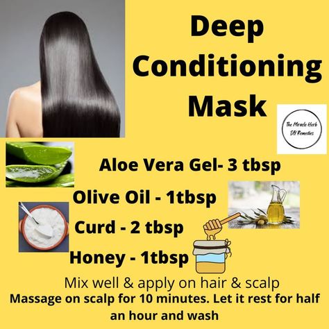 To prepare this mask take following:
Aloe Vera Gel - 3 tbsp
Curd - 2 tbsp
Honey - 1 tbsp
Olive Oil - 1 tbsp
Mix all ingredients well and apply on hair and scalp. Massage on scalp for 10 minutes and let it rest for 30 minutes afterwards before shampoo.
This pack helps make hairs soft, shiny, manageable. It also deep conditions hair strands to make them stronger. It helps restore natural shine of your hair & helps getting rid of dandruff. Curd Hair Mask, Rid Of Dandruff, Deep Conditioning Hair Mask, Conditioning Hair Mask, Hair Care Remedies, Getting Rid Of Dandruff, Deep Conditioning Hair, Conditioning Hair, Kid Hair