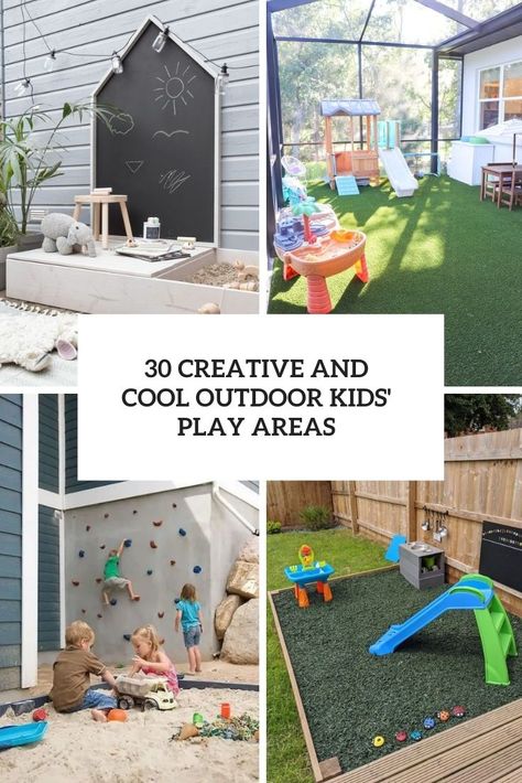 creative and cool outdoor kids' play areas cover Mini Outdoor Play Area, Outdoor Playroom Ideas, Outdoor Play Space Ideas, Backyard Rubber Play Area, Shaded Play Area Backyard, Outside Daycare Ideas Play Areas, Budget Outdoor Play Area, Easy Diy Outdoor Play Area, Outdoor Deck Play Area