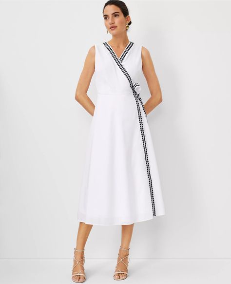 Embroidered Midi Wrap Dress Flowy Wrap Dress, Dresses Fun, Neck Wrap Dress, Petite Midi Dress, Elegant White Dress, Taylor White, Dress Appropriately, Midi Wrap Dress, Embroidered Trim