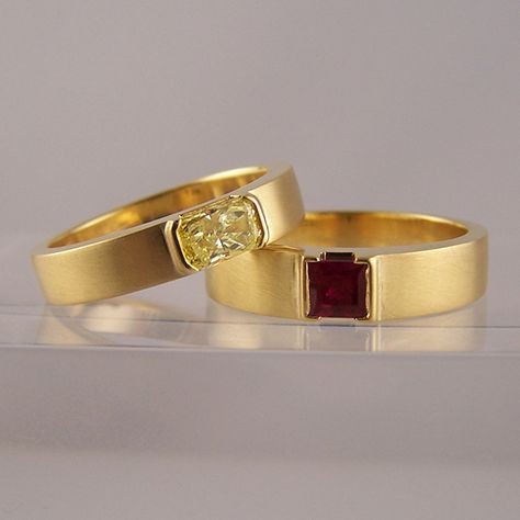 yellow diamond & ruby satin finished wedding rings - Ring Jewellery Yellow Sapphire Ring Men Gold, Yellow Sapphire Ring Men, Elephant Ring Gold, Ruby Ring For Men, Gents Rings, Ruby Ring Designs, Stone Ring Design, Yellow Sapphire Ring, Gents Ring