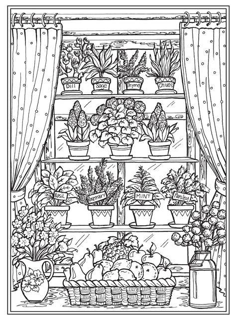 Victorian Coloring Pages, Country Kitchen Charm Coloring Book, Dover Coloring Pages, Coloring Pages Ideas, Creative Haven Coloring Books, Pages Ideas, Adult Coloring Designs, Detailed Coloring Pages, Adult Colouring Pages