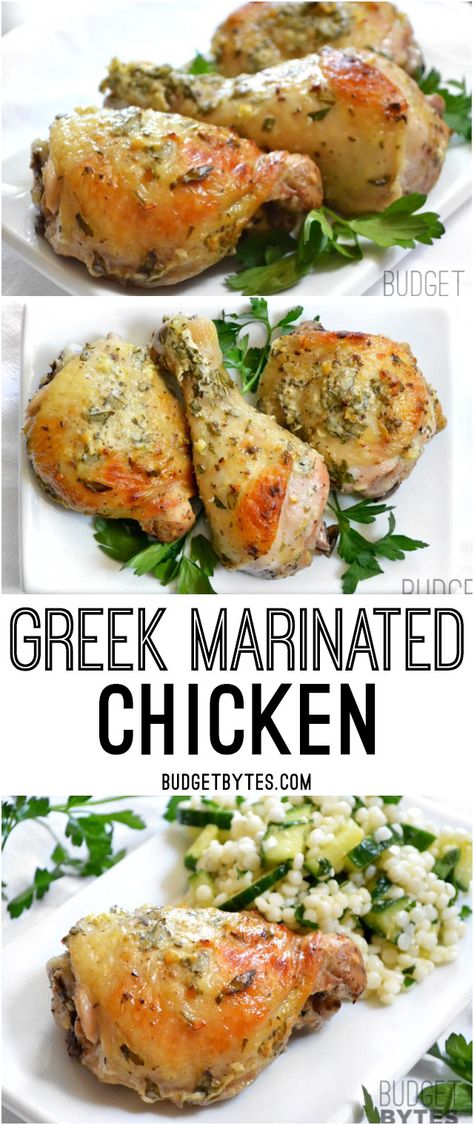 Greek Marinated Chicken is flavored with a garlicky lemon and yogurt marinade and baked (or grilled) till tender. BudgetBytes.com Greek Marinated Chicken, Yogurt Marinade, Budget Bytes, Tandoori Masala, Resep Diet, Greek Dishes, Marinated Chicken, Poultry Recipes, Healthy Chicken