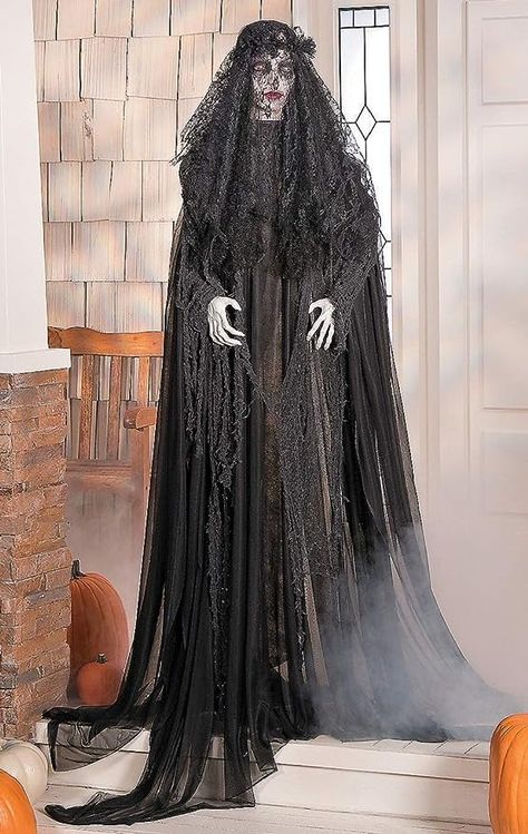 Halloween Prop 67" Lifesize Widowed Ghost Woman in Black with Flashing Red Eyes Halloween Decorations Indoor Scary, Woman Ghost, Ghost Woman, Halloween Ghost Decor, Black Lace Veil, Animated Halloween Decorations, Halloween Props Scary, Chic Halloween Decor, Scary Halloween Decorations Diy