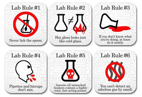 PRICES MAY VARY. Set of 6 individual - 3.75 inch - square -neoprene coasters Fabric top- safe to spot clean with mild detergent Non-slip recycled rubber back protects helps furniture Ships in drawstring gift bag for storage Printed in USA in our Neurons Not Included studio This set of 6 coasters features important rules for lab safety. For example: Rule 1 - never lick the spoon. Great scientist , chemist , or lab tech gift! Lab Rules, Laboratory Gifts, Medical Learning, Lab Humor, Lab Week, Chemistry Jokes, Lab Safety, Chemistry Lab, Career Fields