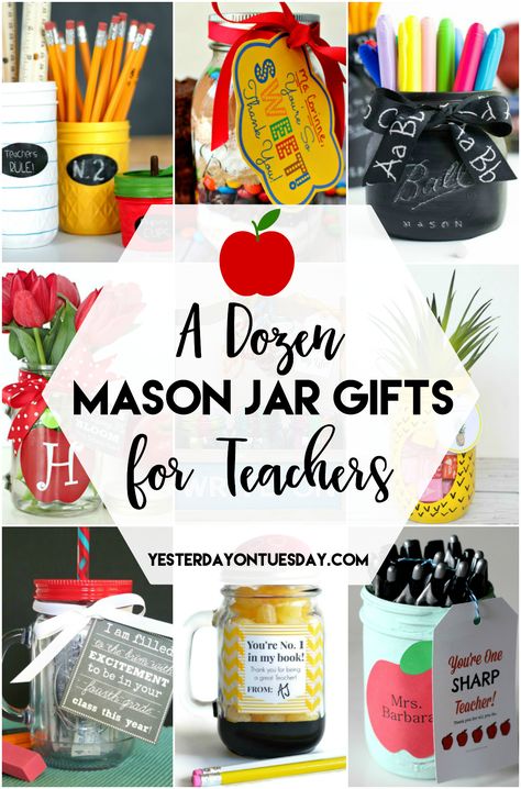 A Dozen Mason Jar Gifts for Teachers: Great ideas to make that teacher feel special. Awesome for Teacher Appreciation! Mason Jar Gift Ideas For Teachers, Substitute Appreciation, Teacher Happies, Mason Jar Teacher Gifts, Teacher Appreciation Diy, Homemade Teacher Gifts, Teacher Appreciation Gifts Diy, Teacher Gift Ideas, Appreciation Ideas