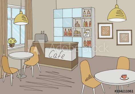 Cafe Interior Illustration, Cafe Interior Design Drawing, Cafe Drawing, Cafe Inside, Corner Drawing, Cafe Illustration, Cafe Display, Cafe Window, Cafe Menu Design