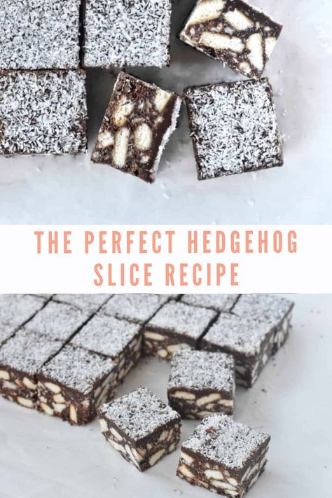 From my highly scientific research into hedgehog slice (i.e. lots and lots of taste testing), I’ve come to the conclusion the perfect hedgehog slice should be packed full of biscuits, have a rich chocolate flavour and shouldn’t be sticky. It took many, many trial batches but this is the one! I present to you: the perfect hedgehog slice recipe. #specialtydessert #easydessertrecipe #easydessertbarrecipe #dessertslicerecipe #hedgehogslicerecipe Hedgehog Recipe, Hedgehog Slice, Easy Dessert Bars, Chocolate And Coconut, Yummy Biscuits, Shortbread Biscuits, Slices Recipes, Chocolate Topping, Cookie Bar Recipes