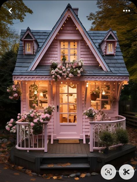 Pink Apartment Exterior, Country Rose Cottage, Cute Tiny Cottage, Cottage Homes Exterior, Pink She Shed, Pink Cottage House, Small Pink House, Market Trailer, Romantic Houses