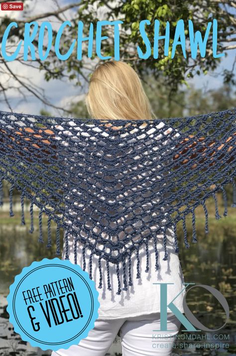 Tender Celeste Crochet Shawl with Boho Fringe FREE Pattern | Kristin Omdahl Crochet Wraps, Crochet Shawl Free, Crochet Scarfs, Cotton Shawl, Triangle Shawl, Crochet Shawl Pattern Free, Crochet Triangle, Crochet Shawls And Wraps, Crochet Shawls