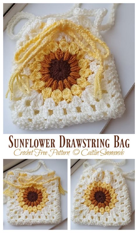 Sunflower Crochet Gift Ideas, Craft Show Crochet Projects, Crochet Drawstring Bags Free Patterns, Small Crochet Gift Bags Free Patterns, Crochet Sunflower Purse Free Pattern, Pouch Pattern Crochet, Crochet Sunflower Projects, Crochet Bag Drawstring, Drawstring Crochet Bag Pattern Free