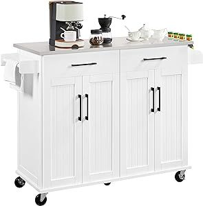 Yaheetech Kitchen Island Cart with Storage & Stainless Steel Countertop, Portable Kitchen Island on Wheels with Cabinet & Adjustable Shelves & 2 Drawers, Rolling Island Table for Kitchen, White White Kitchen Cart, Island On Wheels, Stainless Steel Countertop, Portable Kitchen Island, Mobile Kitchen Island, Steel Countertop, Kitchen Island On Wheels, Kitchen Storage Cart, Mobile Kitchen