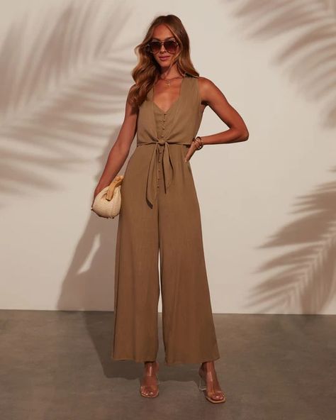 Ibiza Jaunt Front Tie Linen Jumpsuit – VICI Tan Jumpsuit Outfit, Linen Jumpsuit Outfit, Tan Jumpsuit, Linen Clothing, Jumpsuit Outfit, Linen Jumpsuit, White Summer, Linen Clothes, Dress Backs