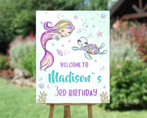 Little mermaid birthday poster, Girl mermaid and turtle welcome sign, Under the sea welcome banner, Magical birthday party decoration. Same theme items for your party: https://www.etsy.com/shop/paperpartydigital?&search_query=mermaid This item is personalized digital file(s). You can share it with your friends electronically by texting it or via messengers like Whatsapp, iMessage, Facebook, Viber, etc. or email it. Or you can print it in nearby photolab or at one of the online printing service Mermaid Welcome Sign, Shower Background, Police Birthday, Skate Birthday, Mermaid Invitations, Turtle Birthday, Firetruck Birthday, Mermaid Birthday Invitations, Little Mermaid Birthday