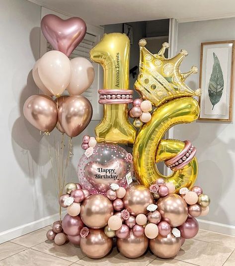 16 Ballon Arrangement, 15 Birthday Balloon Bouquet, Sweet 16 Balloon Bouquet, Birthday Ballons Bouquets, 16th Birthday Balloon Ideas, Quinceanera Balloon Decorations, Balloon Number Bouquet, Sweet 16 Balloon Arch, 16 Balloon Bouquet