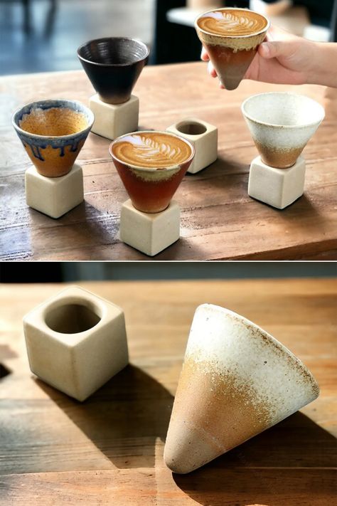 Handmade ceramic cone-shaped drinking vessels with a matching stand that holds it upright when you set it down or put it on display afterwards. Ceramic Ice Cream Cone, Cup Display, Ceramic Workshop, Drinking Vessels, Thrown Pottery, My Cup Of Tea, Japanese Ceramics, Ceramic Design, Ceramic Clay