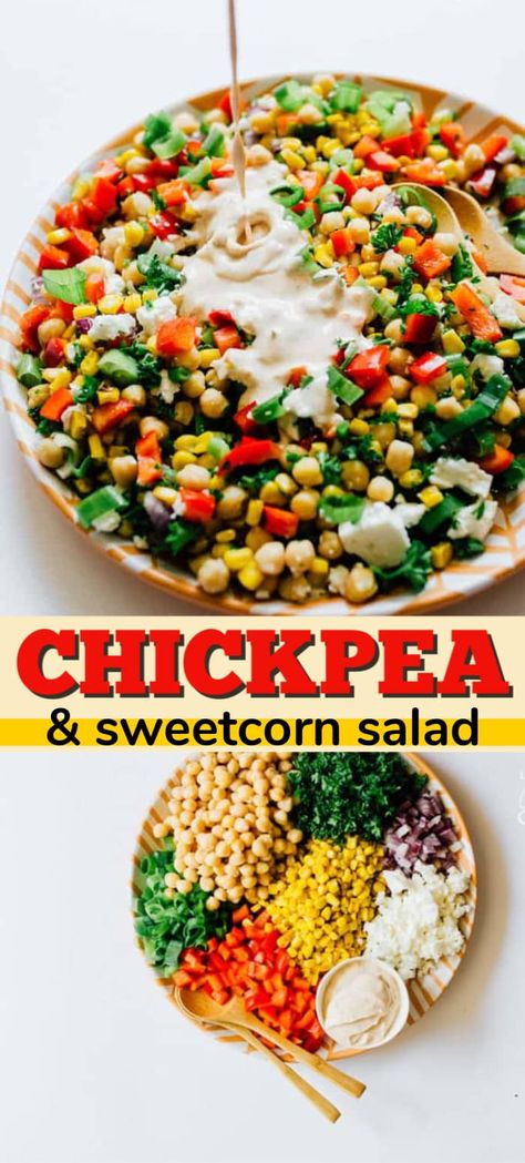 Chickpeas Corn Salad, Shrimp Chickpea Salad, Sweet And Savory Salad, Corn And Chickpea Salad, Sweetcorn Salad Recipes, Sweetcorn Fritters Recipe, Chickpea Salads, Sweetcorn Soup Recipes, Sweetcorn Salad