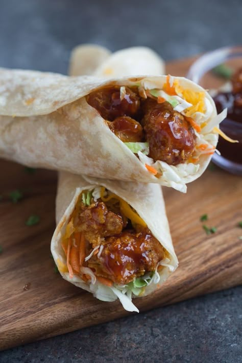 Honey BBQ Chicken Wraps made with crispy baked chicken smothered in honey bbq sauce. | Tastes Better From Scratch Steak Burrito Recipe, Homemade Honey Bbq Sauce, Steak Burritos, Baked Popcorn Chicken, Steak Burrito, Bbq Chicken Wraps, Chicken Smothered, Honey Bbq Chicken, Honey Bbq Sauce